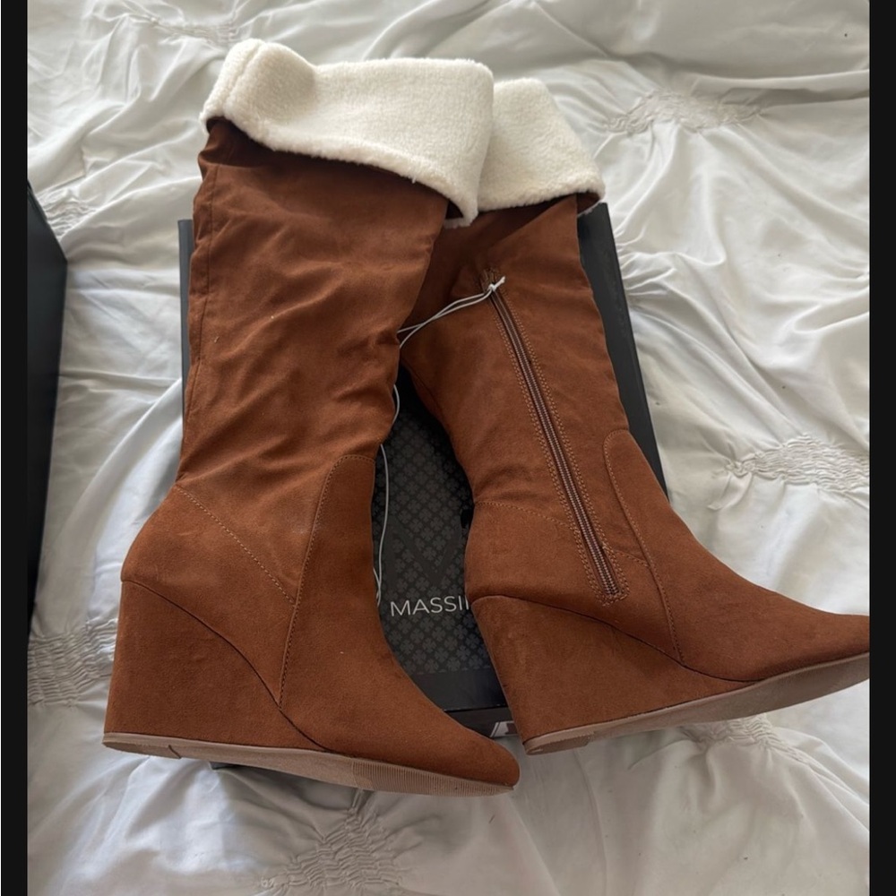 Massimo Dutti Tan Wedge Boots with Cream Cuff